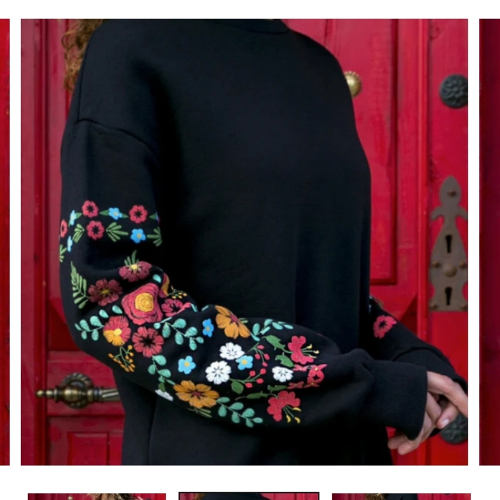 Sweater dress Floral long sleeve embroidery 3xl black plus size L9ng Sleeves